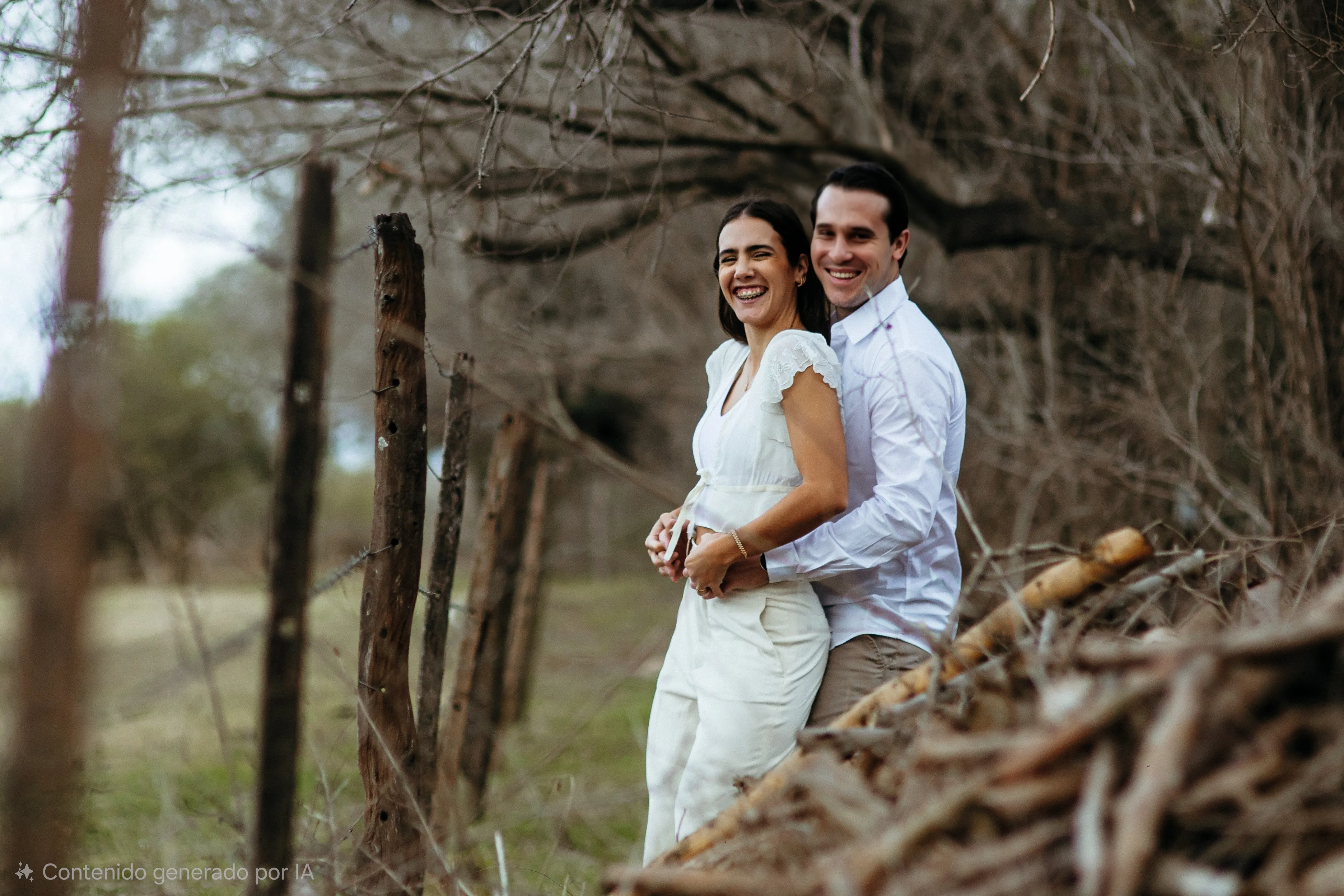 Micaela y Santiago abrazados y sonriendo en el bosque